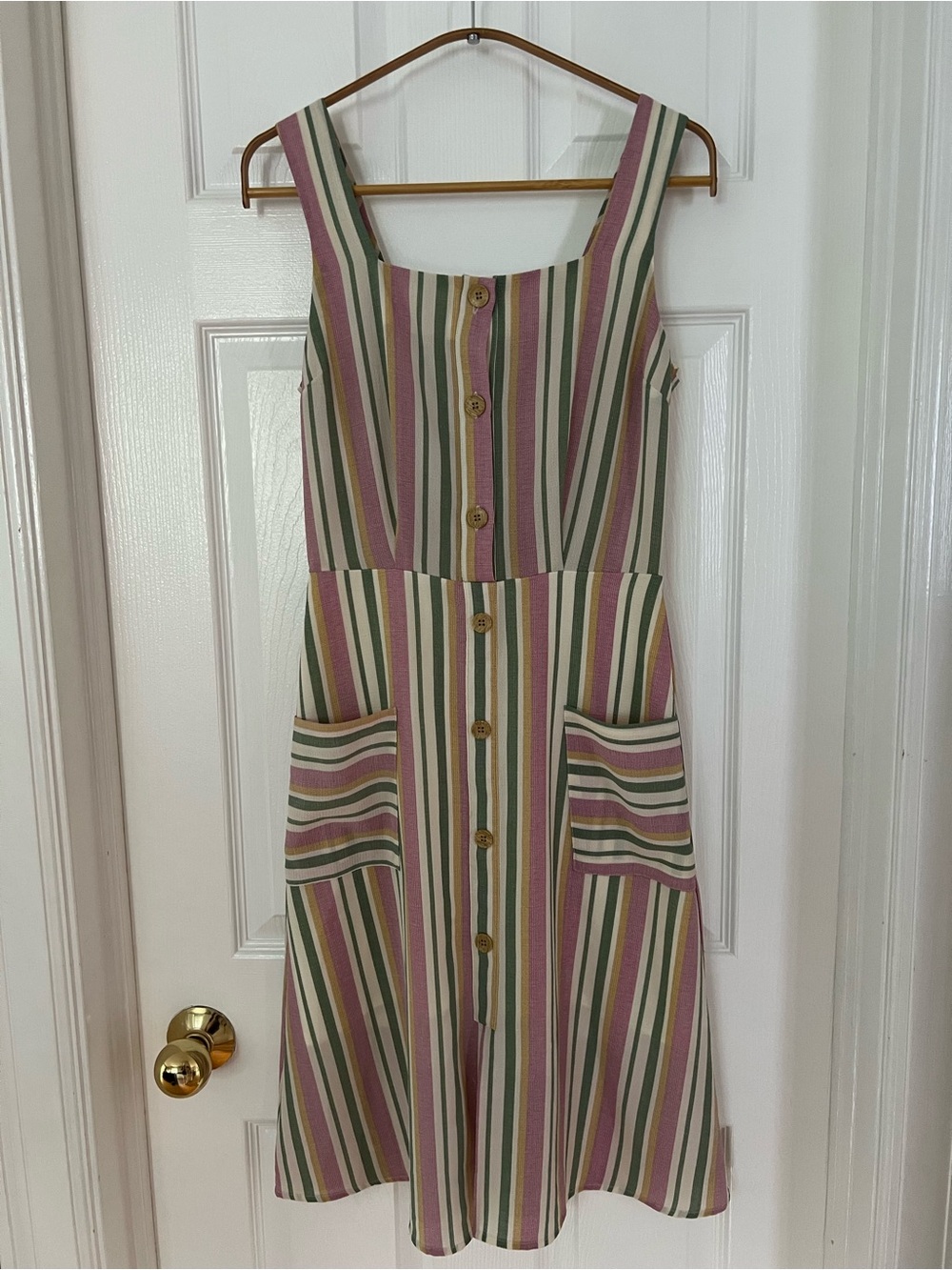 Monteau Sleeveless Vertical Stripe Midi Dress in Pink, Green and Cream